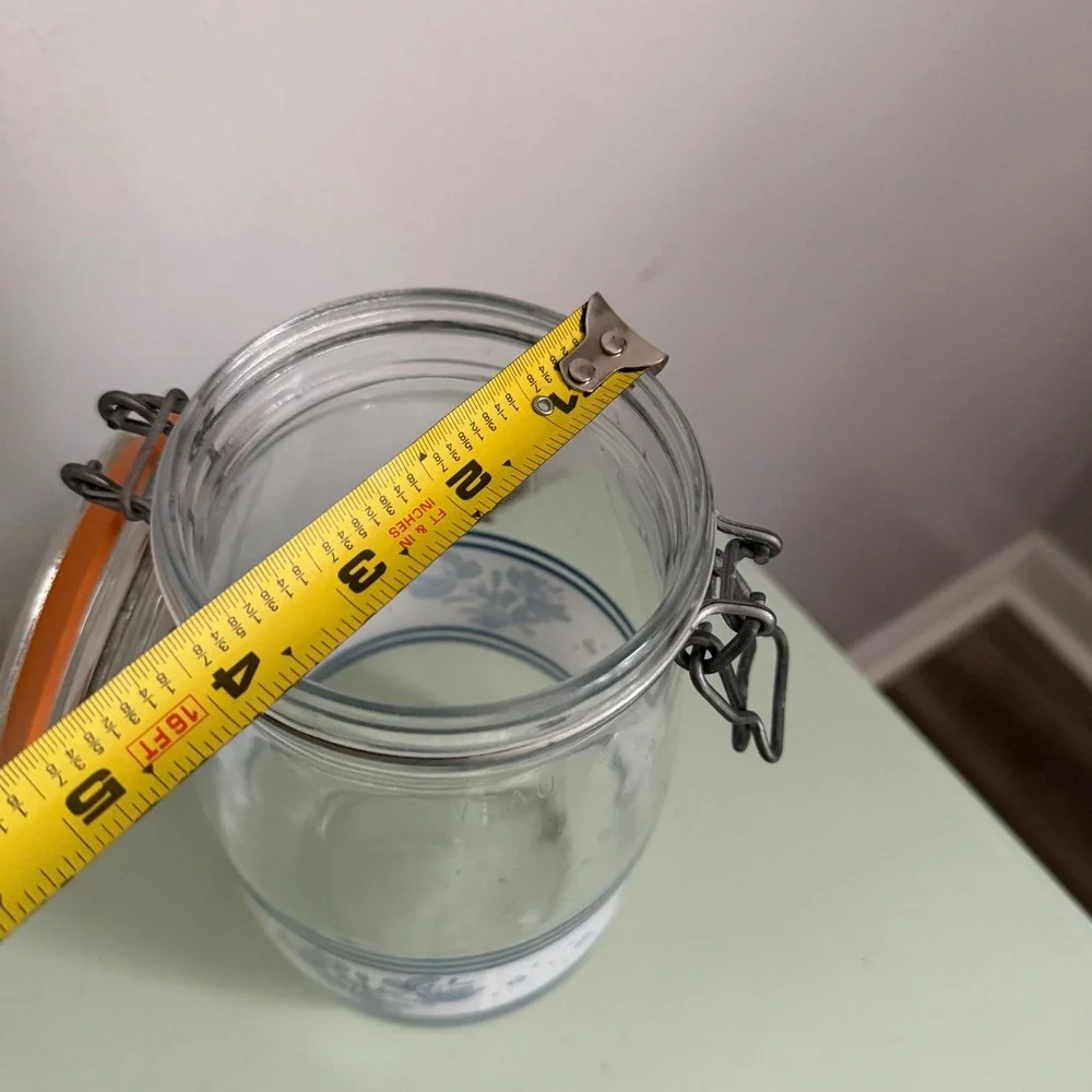 Pfaltzgraff Yorktowne Glass Canister Jar Blue Floral Wire Bale Lid Vintage 8in